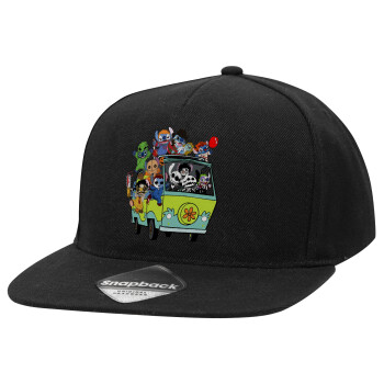 Stitch Halloween scooby car, Adult Flat Snapback Hat Black, (100% COTTON TWILL, ADULT, UNISEX, ONE SIZE)
