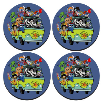 Stitch Halloween scooby car, SET of 4 round wooden coasters (9cm)