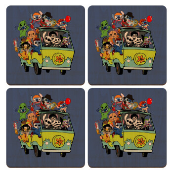 Stitch Halloween scooby car, ΣΕΤ x4 Σουβέρ ξύλινα τετράγωνα plywood (9cm)