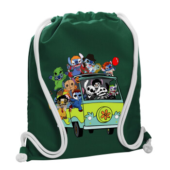 Stitch Halloween scooby car, Τσάντα πλάτης πουγκί GYMBAG BOTTLE GREEN, με τσέπη (40x48cm) & χονδρά λευκά κορδόνια