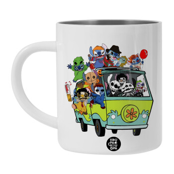 Stitch Halloween scooby car, Λευκή Ανοξείδωτη Μεταλλική Κούπα 450ml - Διπλού Τοιχώματος 