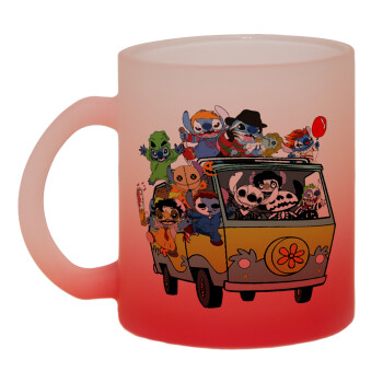Stitch Halloween scooby car, Κούπα γυάλινη δίχρωμη με βάση το κόκκινο ματ, 330ml