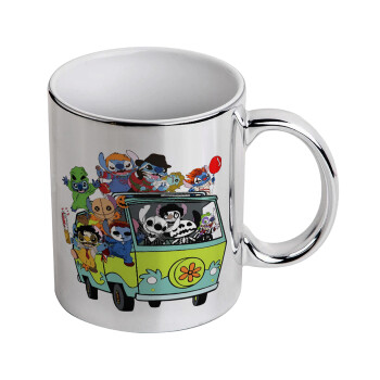 Stitch Halloween scooby car, Κούπα κεραμική, ασημένια καθρέπτης, 330ml