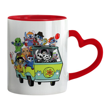 Stitch Halloween scooby car, Mug heart red handle, ceramic, 330ml