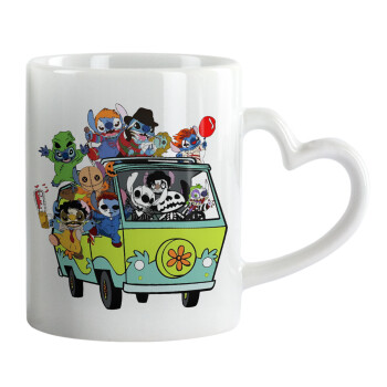 Stitch Halloween scooby car, Κούπα καρδιά χερούλι λευκή, κεραμική, 330ml