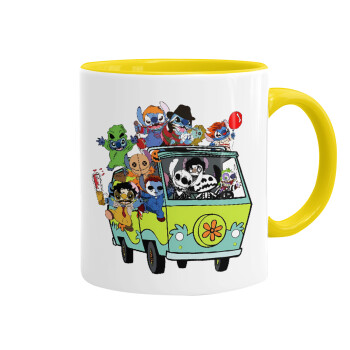 Stitch Halloween scooby car, Mug colored yellow, ceramic, 330ml