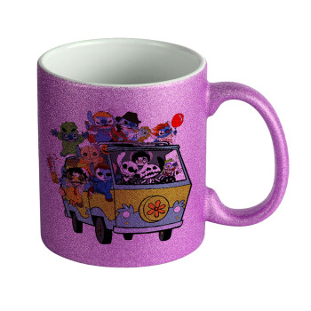 Stitch Halloween scooby car, Κούπα Μωβ Glitter που γυαλίζει, κεραμική, 330ml