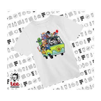 Stitch Halloween scooby car, Άνετο παιδικό T-Shirt ΛΕΥΚΟ από 100% βαμβάκι, για κάθε μέρα. Vegan & OEKO-TEX πιστοποιημένο.