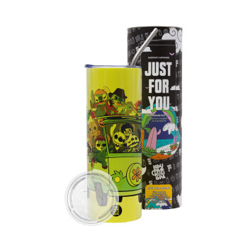 Stitch Halloween scooby car, Neon Yellow Travel Tumbler, with metal straw (Stainless steel 304 Food grade, BPA free, 600ml)