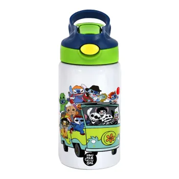 Stitch Halloween scooby car, Παιδικό παγούρι θερμό, ανοξείδωτο, με καλαμάκι ασφαλείας, πράσινο/μπλε (350ml)