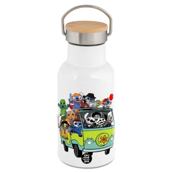 Stitch Halloween scooby car, Μεταλλικό παγούρι θερμός (Stainless steel) Λευκό με ξύλινο καπακι (bamboo), διπλού τοιχώματος, 350ml