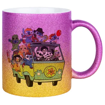 Stitch Halloween scooby car, Κούπα Χρυσή/Ροζ Glitter, κεραμική, 330ml