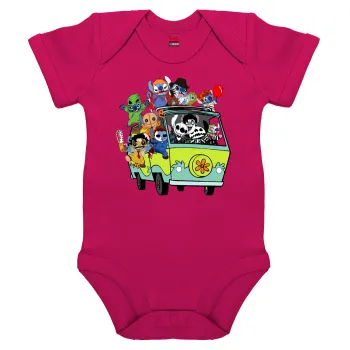 Stitch Halloween scooby car, Βρεφικό φορμάκι μωρού, 0-18 μηνών, ΡΟΖ, 100% Organic Cotton, κοντομάνικο