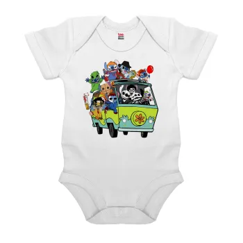 Stitch Halloween scooby car, Βρεφικό φορμάκι μωρού, 0-24 μηνών, ΛΕΥΚΟ, 100% Organic Cotton, κοντομάνικο