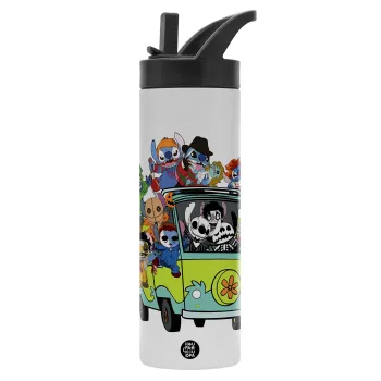 Stitch Halloween scooby car, Μεταλλικό παγούρι θερμός με καλαμάκι & χειρολαβή, ανοξείδωτο ατσάλι (Stainless steel 304), διπλού τοιχώματος, 600ml