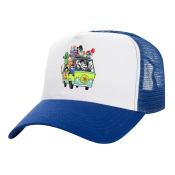 Stitch Halloween scooby car, Καπέλο Ενηλίκων Structured Trucker, με Δίχτυ, ΛΕΥΚΟ/ΜΠΛΕ (100% ΒΑΜΒΑΚΕΡΟ, ΕΝΗΛΙΚΩΝ, UNISEX, ONE SIZE)