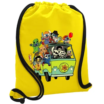 Stitch Halloween scooby car, Τσάντα πλάτης πουγκί GYMBAG Κίτρινη, με τσέπη (40x48cm) & χονδρά κορδόνια