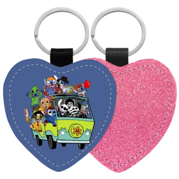 Stitch Halloween scooby car, Μπρελόκ PU δερμάτινο glitter καρδιά ΡΟΖ