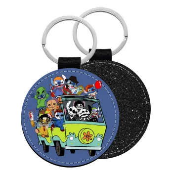 Stitch Halloween scooby car, Μπρελόκ Δερματίνη, στρογγυλό ΜΑΥΡΟ (5cm)