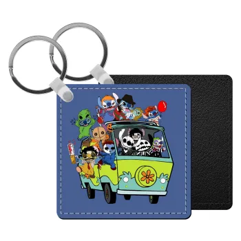 Stitch Halloween scooby car, Μπρελόκ Δερματίνη, τετράγωνο ΜΑΥΡΟ (5x5cm)