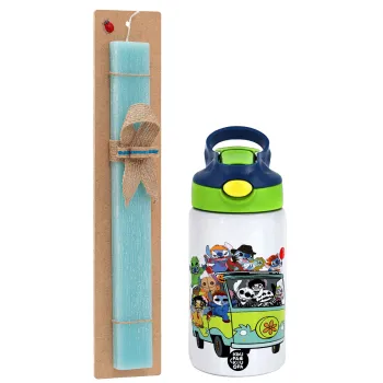 Stitch Halloween scooby car, Easter Set, Children's thermal stainless steel bottle with safety straw, green/blue (350ml) & aromatic flat Easter candle (30cm) (TURQUOISE)