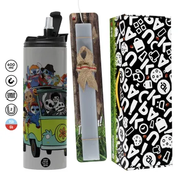 Stitch Halloween scooby car, Πασχαλινή Λαμπάδα με Travel Tumbler θερμό (600ml, BPA free) & κερί αρωματικό πλακέ (30cm) (ΓΚΡΙ)