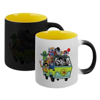 Stitch Halloween scooby car, Κούπα Μαγική εσωτερικό κίτρινη, κεραμική 330ml που αλλάζει χρώμα με το ζεστό ρόφημα