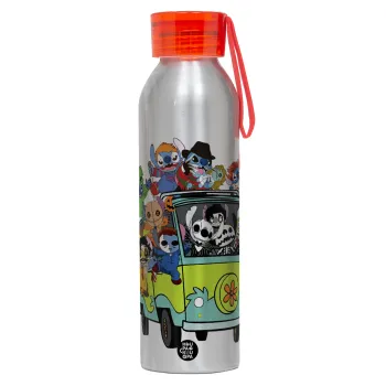Stitch Halloween scooby car, Αλουμινένιο Αθλητικό Μπουκάλι 650ml – Ασημί με Κόκκινο Καπάκι και Λουράκι Σιλικόνης