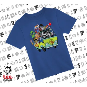 Stitch Halloween scooby car, Παιδικό T-Shirt ΜΠΛΕ από 100% βαμβάκι, για κάθε μέρα. Vegan & OEKO-TEX πιστοποιημένο.