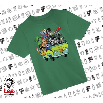 Stitch Halloween scooby car, Άνετο παιδικό T-Shirt ΠΡΑΣΙΝΟ από 100% βαμβάκι, για κάθε μέρα. Vegan & OEKO-TEX πιστοποιημένο.