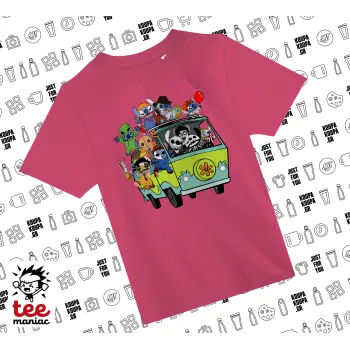 Stitch Halloween scooby car, ΡΟΖ παιδικό T-Shirt από 100% βαμβάκι, για κάθε μέρα. Vegan & OEKO-TEX πιστοποιημένο.