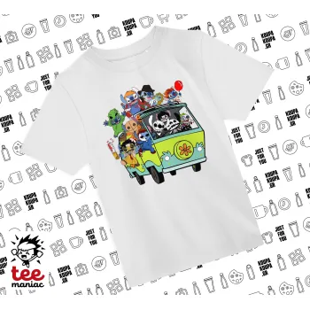 Stitch Halloween scooby car, Άνετο παιδικό T-Shirt ΛΕΥΚΟ από 100% βαμβάκι, για κάθε μέρα. Vegan & OEKO-TEX πιστοποιημένο.