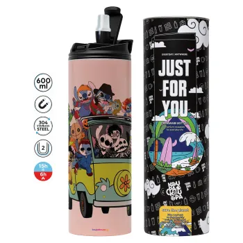 Stitch Halloween scooby car, Tumbler stainless steel PINK 600ml