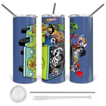 Stitch Halloween scooby car, Tumbler ποτήρι θερμό από ανοξείδωτο ατσάλι 600ml, με μεταλλικό καλαμάκι & βούρτσα καθαρισμού