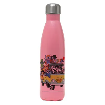 Stitch Halloween scooby car, Μεταλλικό παγούρι θερμός Ροζ Ματ (Stainless steel), διπλού τοιχώματος, 500ml