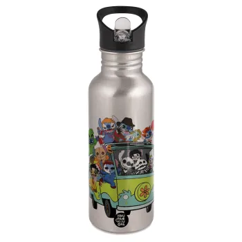 Stitch Halloween scooby car, Water bottle Silver with straw, stainless steel 600ml