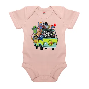 Stitch Halloween scooby car, Βρεφικό φορμάκι μωρού, 0-18 μηνών, ΡΟΖ POWDER, 100% Organic Cotton, κοντομάνικο