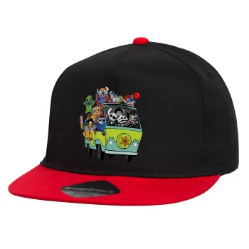 Stitch Halloween scooby car, Children's Flat Snapback Hat, Black/Red (100% COTTON, CHILDREN'S, UNISEX, ONE SIZE)