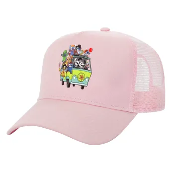 Stitch Halloween scooby car, Adult Structured Trucker Hat, with Mesh, PINK (100% COTTON, ADULT, UNISEX, ONE SIZE)