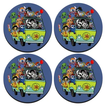 Stitch Halloween scooby car, ΣΕΤ 4 Σουβέρ ξύλινα στρογγυλά (9cm)