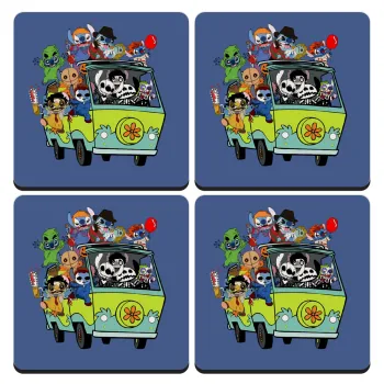 Stitch Halloween scooby car, ΣΕΤ 4 Σουβέρ ξύλινα τετράγωνα (9cm)
