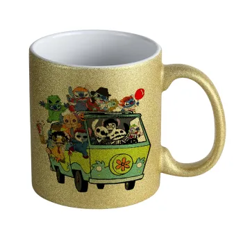 Stitch Halloween scooby car, Κούπα Χρυσή Glitter που γυαλίζει, κεραμική, 330ml