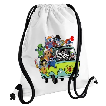 Stitch Halloween scooby car, Τσάντα πλάτης πουγκί GYMBAG λευκή, με τσέπη (40x48cm) & χονδρά κορδόνια