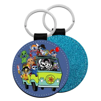 Stitch Halloween scooby car, Μπρελόκ Δερματίνη, στρογγυλό ΜΠΛΕ (5cm)