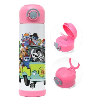 Stitch Halloween scooby car, Παιδικό παγούρι θερμό, ανοξείδωτο, με καλαμάκι ασφαλείας, ΡΟΖ (500ml)