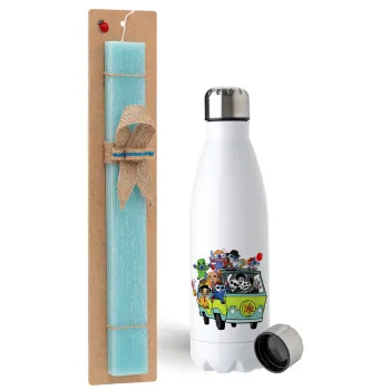 Stitch Halloween scooby car, Easter Set, metallic stainless steel water bottle (750ml) & aromatic flat Easter candle (30cm) (TURQUOISE)