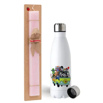 Stitch Halloween scooby car, Easter Set, metallic stainless steel water bottle (750ml) & scented flat Easter candle (30cm) (PINK)