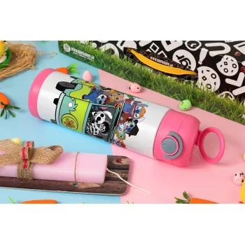 Stitch Halloween scooby car, Πασχαλινή Λαμπάδα με Παιδικό παγούρι θερμό, ανοξείδωτο, με καλαμάκι ασφαλείας, ΡΟΖ (500ml)