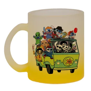 Stitch Halloween scooby car, Κούπα γυάλινη δίχρωμη με βάση το κίτρινο ματ, 330ml