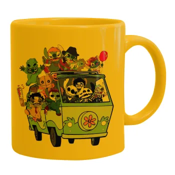 Stitch Halloween scooby car, Κούπα, κεραμική κίτρινη, 330ml
